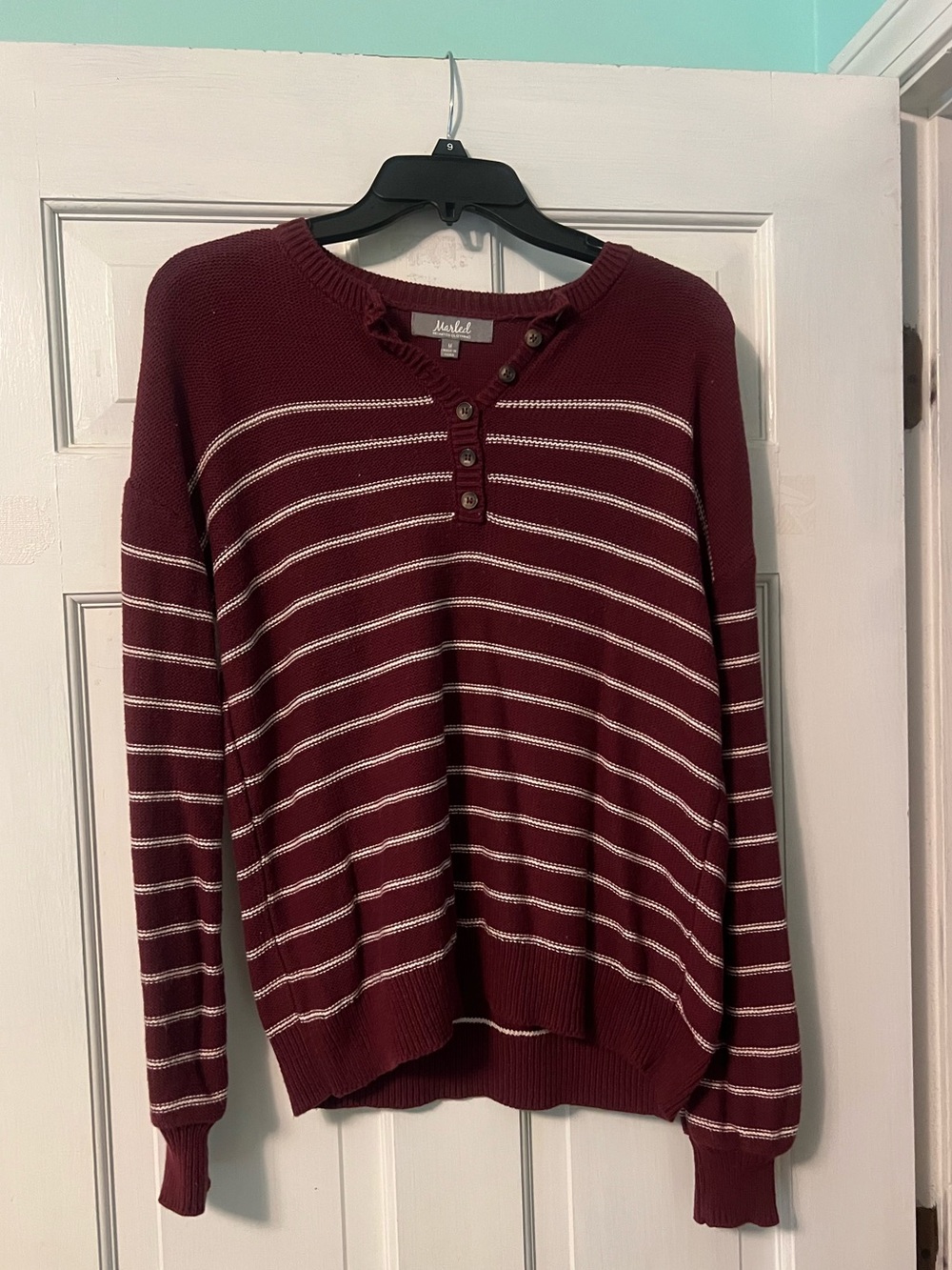 Burgundy and White Striped Henley Sweater